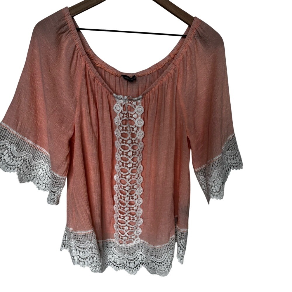 Unique Spectrum Peach Lace drop shoulder country loose shirt women's 2X